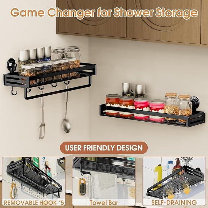 CIBOTIES Shower Caddy Suction Cup, 11.8 inch 2 Pack Suction Shower Shelf with Hooks NO-Drilling Bathroom Holder, Rustproof Bathroom Organizer, Black,Includes 2 Extra Suction Cups for Replacement Use - ModernBath