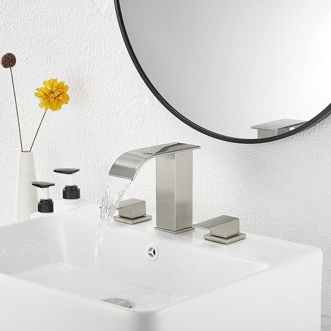 Waterfall Widespread Bathroom Faucet Brushed Nickel GGStudy 3 Holes 2 Handle Modern Bathroom Sink Faucet with Pop Up Drain - ModernBath