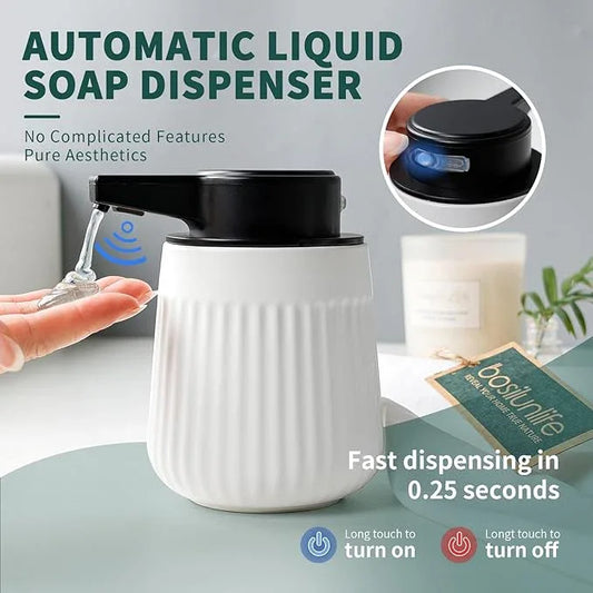 BosilunLife Ceramic Automatic Soap Dispenser with Extended Pump Nozzle, 3 Adjustable Levels, Touchless Lotion Liquid Hand Wash Dispenser for Bathroom & Kitchen, Striped Design, White, 10oz - ModernBath