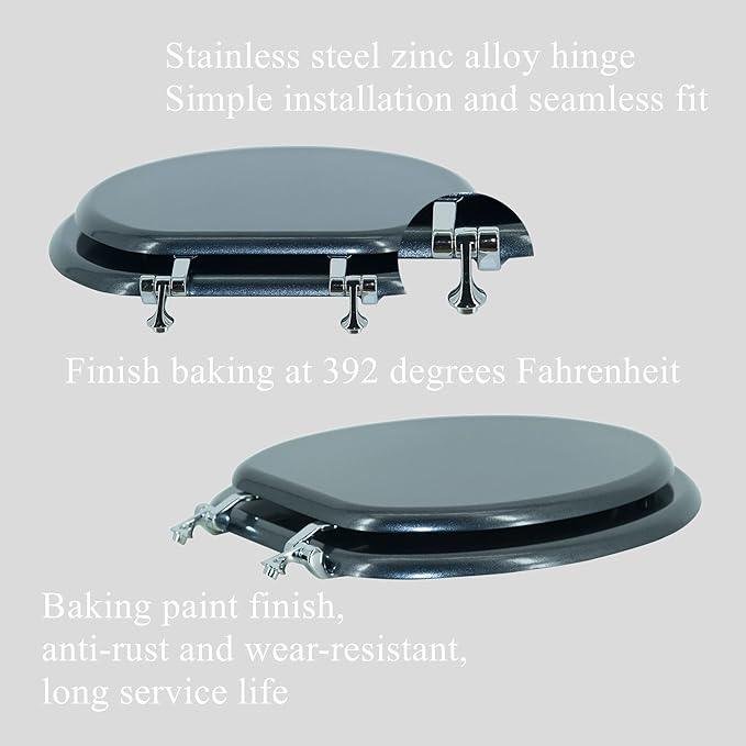 BLOFDE Round Toilet Seat Wood Toilet Seat Prevent Shifting with Zinc Alloy Hinges American Standard Size Toilet Seat Easy to Install also Easy to Clean(Round,Sparkling Black) - ModernBath