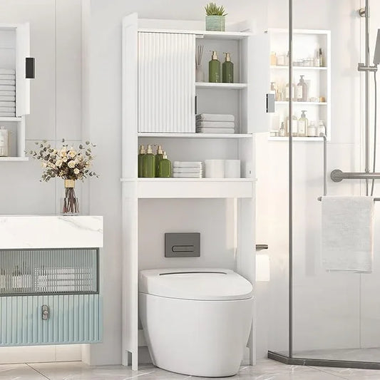 Bathroom Over The Toilet Storage Cabinet,Farmhouse Over The Toilet Storage with 2 Wave-Pattern Doors and Open Storage Shelf,Space Saver Behind Toilet Bathroom Organizer for Restroom/Laundry - ModernBath