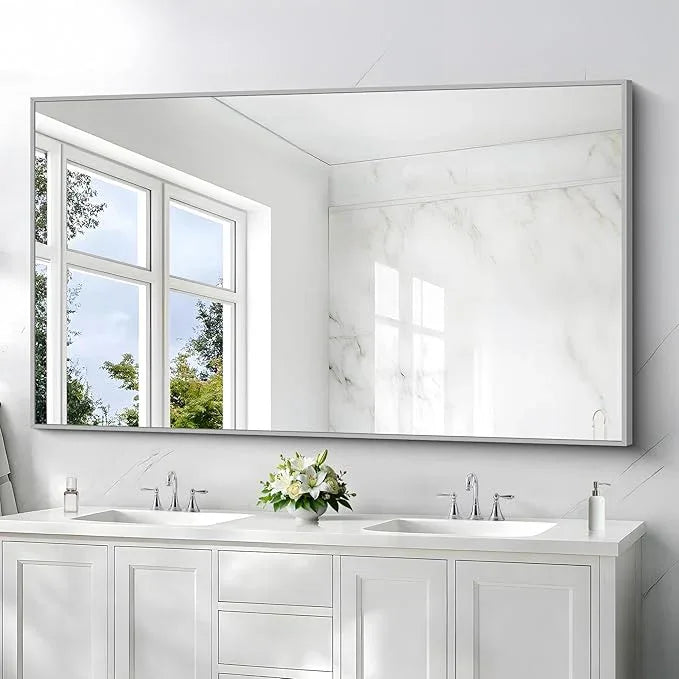 COFENY 36x60inch Brushed Nickel Bathroom Mirror, Silver Rectangle Mirror with Frame, Large Rectangular Wall Mirrors for Bathroom, Living Roomm, Hair Salon, Big Mirror Hang Horizontal/Vertical - ModernBath