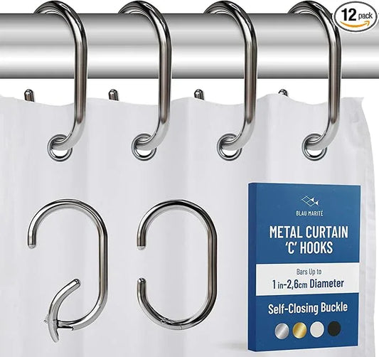 Blau Marité 12 Metal Shower Curtain Hooks, Rust-Proof Decorative C-Shaped Curtain Hooks for Bathroom, Chrome Shower Curtain Rings, Fits Rods Up to 1 Inch (C, Silver) - ModernBath