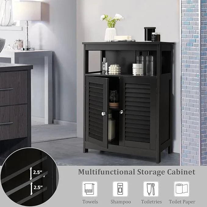 Tangkula Bathroom Floor Cabinet, Wooden Freestanding Storage Cabinet with Double Shutter Door & Adjustable Shelf, Storage Cabinet for Bathroom Living Room (Black) - ModernBath