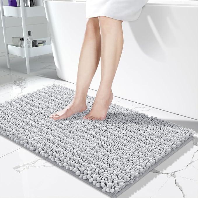 Yimobra Long Bathroom Rugs Non Slip Washable 44x24 Inch - Ultra Soft Absorbent Chenille Bath Mat, Quick Dry Shaggy Floor Carpet for Tub Shower, Silver Home Decor Accessories - ModernBath