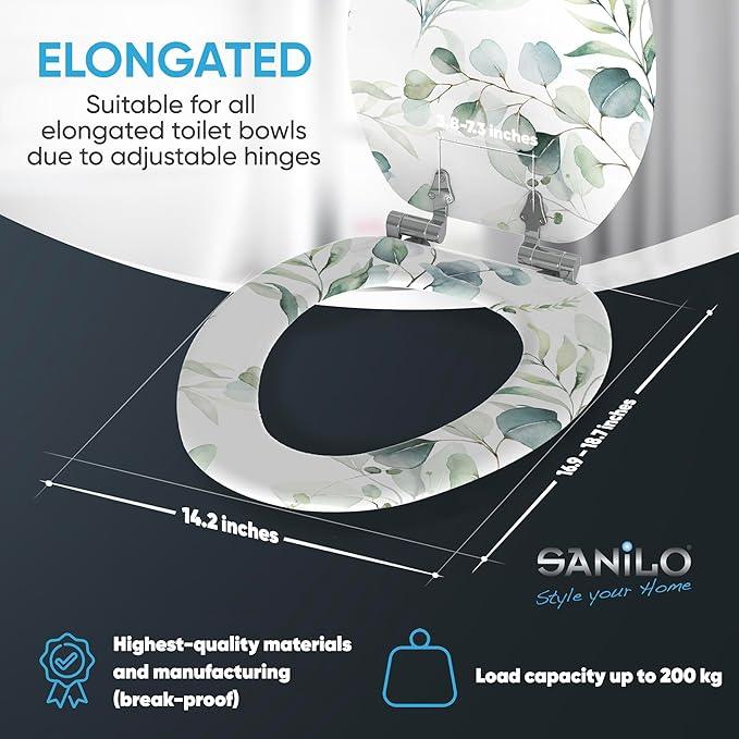 SANILO Wooden Toilet Seat with Soft Close [ELONGATED] - Decorative, Quiet & Slow Close Molded Wood Seat - With Strong Bumpers & Hinges - Adjustable Fit - Eucalyptus - ModernBath