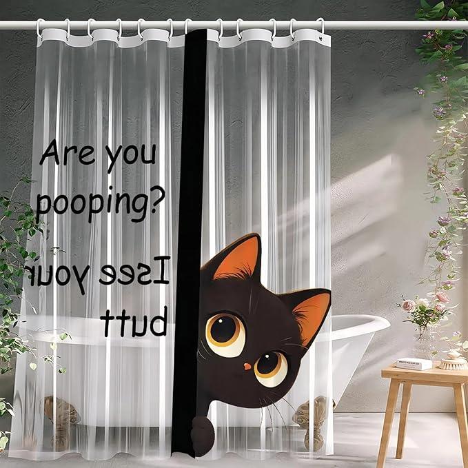 Clear Cute Funny Black Cat Shower Curtain Liner, Are You Pooping Shower Curtain, Fun Anime Cat Shower Curtains for Bathroom, 72x78 Plastic Cool Summer Shower Curtain Set with Weighted Magnets 12 Hooks - ModernBath