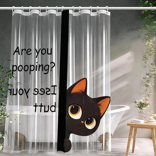Clear Cute Funny Black Cat Shower Curtain Liner, Are You Pooping Shower Curtain, Fun Anime Cat Shower Curtains for Bathroom, 72x78 Plastic Cool Summer Shower Curtain Set with Weighted Magnets 12 Hooks - ModernBath