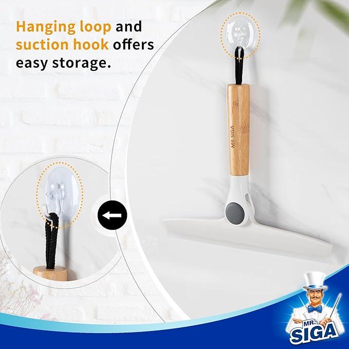 MR.SIGA All Purpose Silicone Squeegee for Shower Door, Mirror, Glass, Streak Free Shower Squeegee, Pivoting Bamboo Handle, Includes 1 Suction Hook, 10 inch Wide, 1 Pack - ModernBath