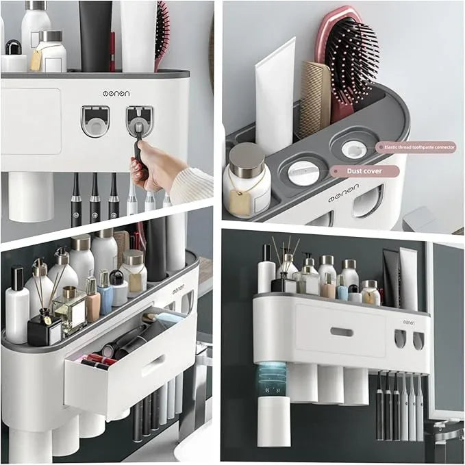 Celsitudo No-Drill Wall Mounted Toothbrush Holder, Bathroom Shelf, with Automatic Toothpaste Dispensers 6 Brush Hooks Magnetic Cups 1 Cosmetic Drawer Organizer and Large Storage (2 Dispensers 2 Cups) - ModernBath