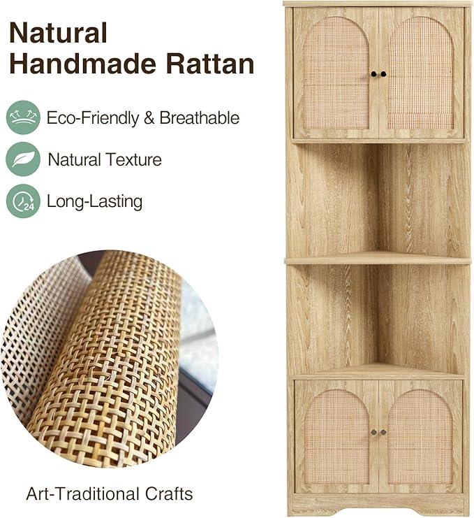 67''H Tall Corner Cabinet with Handmade Rattan Door, Rattan Storage Cabinet with Adjustable Shelves, Corner Bookshelf Space Saver for Barthroom, Kitchen, Natural | Tall, Handmade Rattan Door, Adjustable Shelves, Corner Bookshelf, Space Saver - ModernBath
