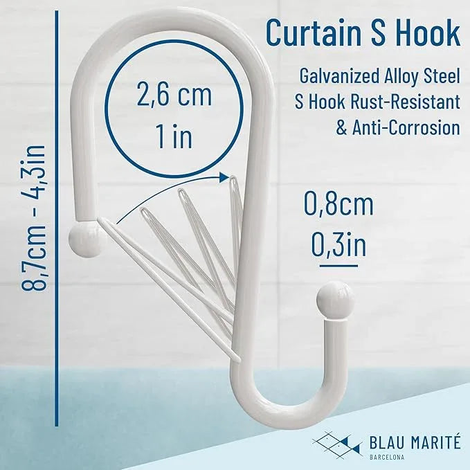 Blau Marité 12 Decorative Metal Shower Curtain Hooks, S-Shaped Hooks with Anti-Fall System, Rust-Proof Shower Rings with Safety Buckle, Fits Rods Up to 1-Inch Diameter (S, White) - ModernBath
