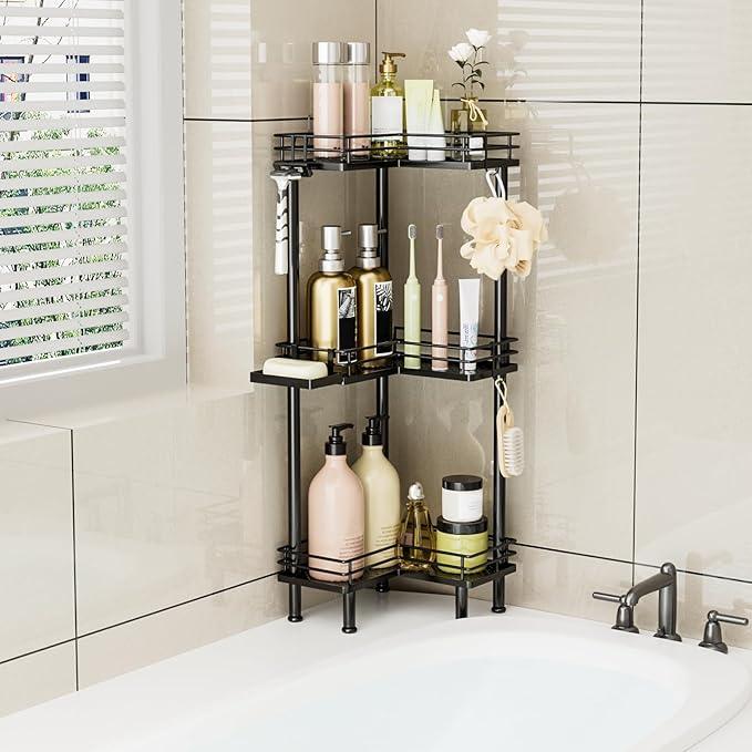 Consumest Corner Shower Caddy Standing - 3-Tier Stainless Steel Shower Organizer with Soap Holder and 4 Hooks, Large Capacity Corner Shelf Stand for Bathroom, Rest Room, Black - ModernBath