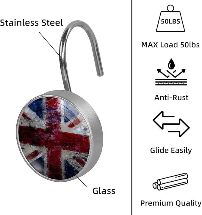 Vintage UK British Flag Shower Curtain Hooks Set of 12 Rustproof Metal Shower Hooks for Curtains Rods Shower Curtain Rings for Bathroom Living Room Bedroom Decor - ModernBath