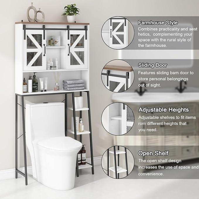 Vabches Over The Toilet Storage Cabinet, Farmhouse Storage Cabinet Over Toilet with Sliding Barn Door，Home Space-Saving Toilet Rack, for Bathroom, Restroom, Laundry White - ModernBath