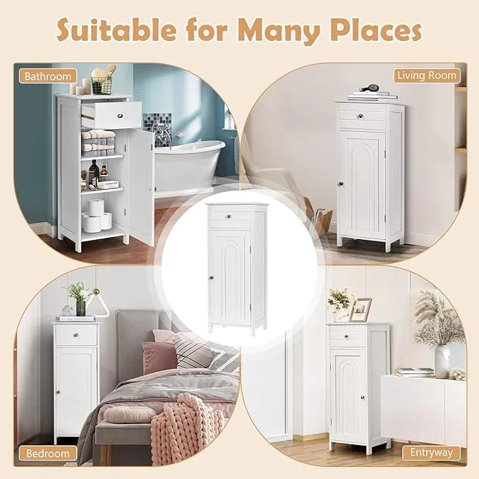 COSTWAY Bathroom Storage Cabinet, Single Door Floor Cabinet with Drawer and 3-Level Adjustable Shelves, Modern Side Storage Organizer with Anti-Tipping Device for Living Room, Bedroom (White) - ModernBath
