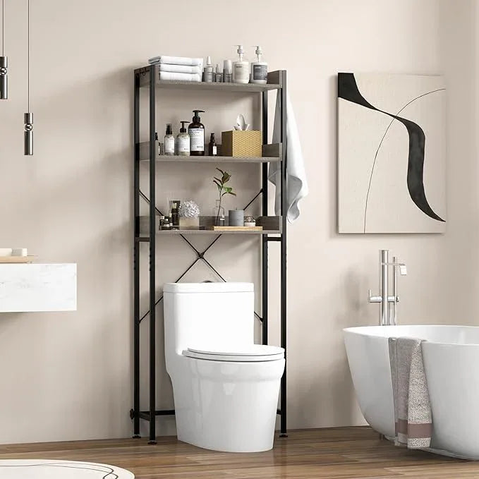 Tangkula Over The Toilet Storage, 3-Tier Toilet Rack Bathroom Space Saver with 4 Hooks & Adjustable Bottom Bar, Freestanding Bathroom Organizer Shelf Over Toilet for Restroom Balcony Laundry (Grey) - ModernBath