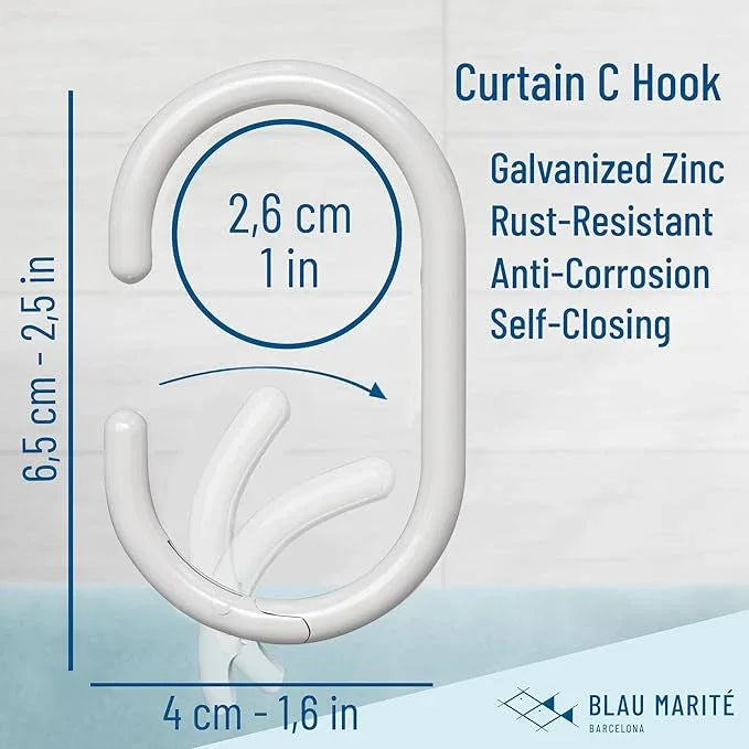 Blau Marité 12 Metal Shower Curtain Hooks, Rust-Proof Decorative C-Shaped Curtain Hooks for Bathroom, White Shower Curtain Rings, Fits Rods Up to 1 Inch (C, White) - ModernBath
