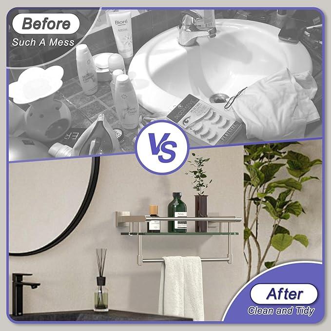 16-Inch Modern Glass Shelf with Towel Bar, 1-Shelf, Brushed Nickel Finish, Wall Mount, Bathroom Organizer - ModernBath