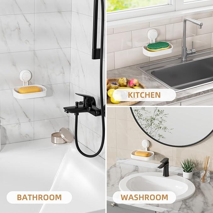 LEVERLOC Soap Dish Holder for Shower Suction Cup Wall Mounted Self Draining NO-Drilling Removable Bar Soap Sponge Holder for Bathroom Bathtub Kitchen Sink Waterproof Strong Vacuum Suction Adhesion - ModernBath