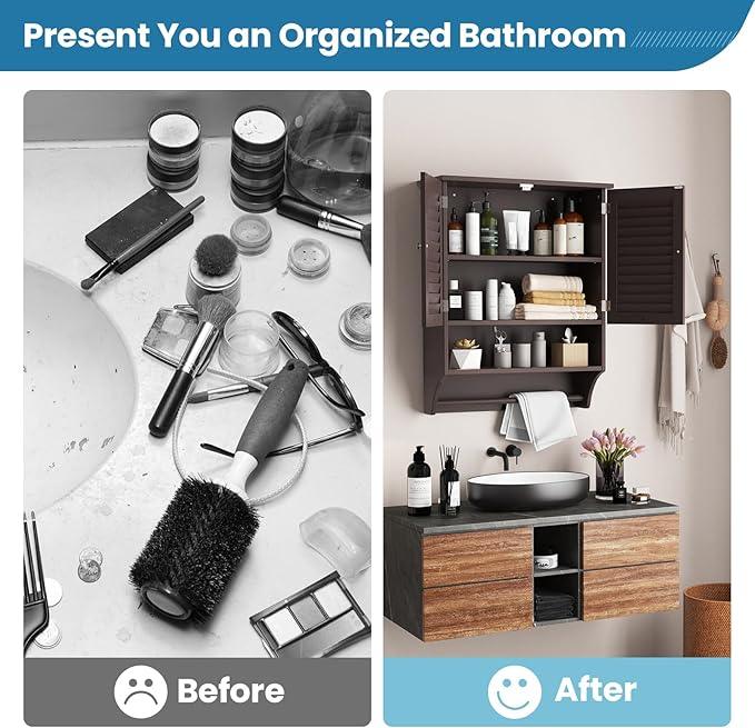 Giantex Wall Mounted Bathroom Cabinet with 2 Louvered Doors, 3-Position Adjustable Shelf, Towel Bar, Over The Toilet Space Saver, Above Toilet Hanging Medicine Cabinet (Espresso) - ModernBath