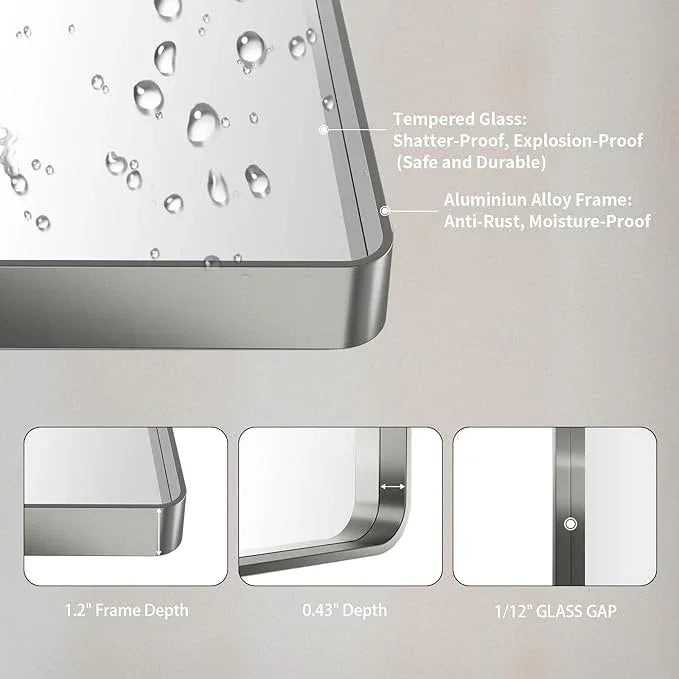 LOAAO 30X36 Inch Brushed Nickel Bathroom Mirror, Rounded Rectangle Silver Metal Frame Mirror, Brushed Nickel, Anti-Rust, Shatter Proof, Hangs Horizontally or Vertically - ModernBath