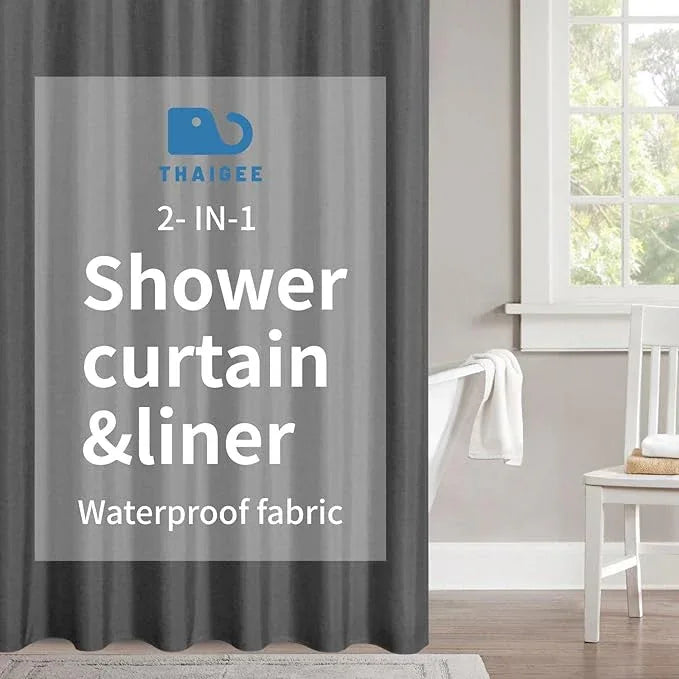 THAIGEE 2-in-1 Waterproof Fabric Shower Curtain or Liner,Linen Textured,Breathable TPU & Washable Bathroom Shower Curtain Set with 12 Plastic Hooks,Modern,72"x72" Charcoalgrey - ModernBath