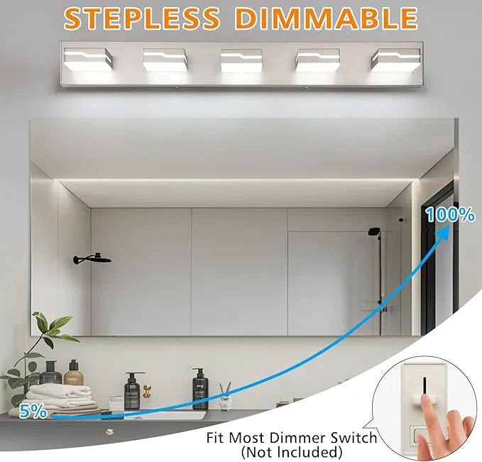 Merexcint LED Modern Bathroom Vanity Light Fixtures 5-Light, 32 inch Dimmable Nickel Vanity Lights for Bathroom Lighting Fixtures Over Mirror, with 350°Rotatable Acrylic Heads(White Light 5500K) - ModernBath