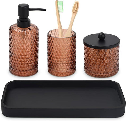 Bathroom Accessories Set,4 Pcs Amber Glass Bathroom Accessories Sets-Lotion Soap Dispenser,Toothbrush Holder,Qtip Holder Dispenser & Resin Vanity Tray,Countertop Vanity Organizer,Amber - ModernBath