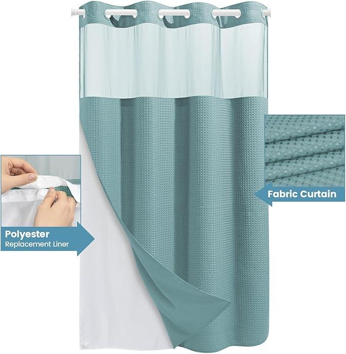 EUTXL Teal Stall No Hook Shower Curtain with Snap in Liner,230GSM Waffle Weave Shower Curtains for Bathroom,54W x 80H - ModernBath