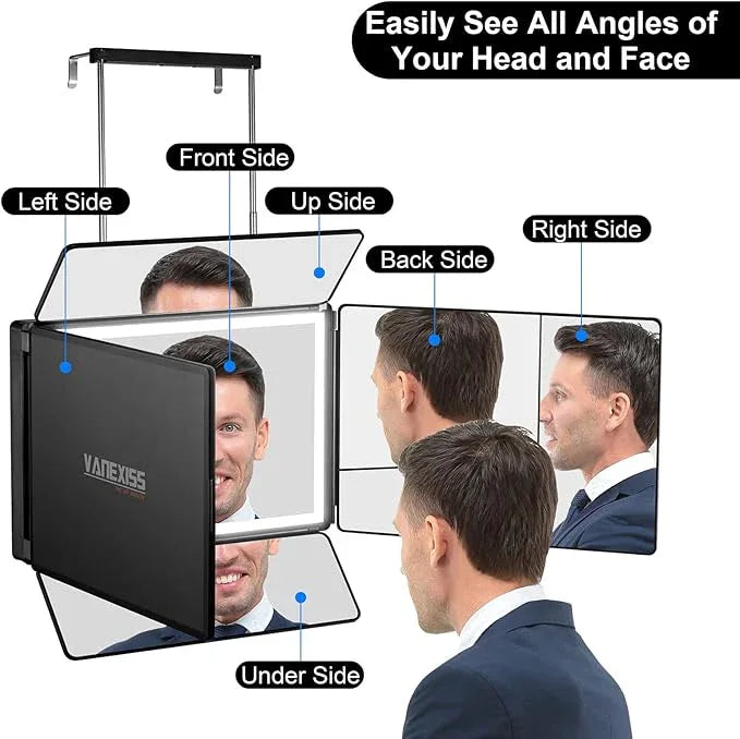 Rechargeable 5 Way Mirror for Hair Cutting, Real Glass Adjustable Trifold Mirror with Light & Telescoping Hooks for Makeup & Styling - Portable DIY Tool to Cut, Trim or Shave Your Head & Neckline - ModernBath