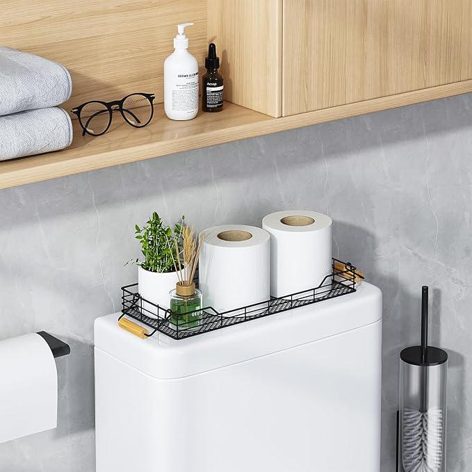 VITVITI Metal Toilet Paper Basket Storage, Bathroom Toilet Tank Tray with Bamboo Handle Countertop, Back of Toilets Tray Basket for Vanity Kitchen Counter Decor, Black - ModernBath