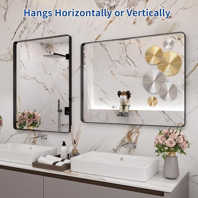 WEER Black Bathroom Mirror for Wall 28X36 Inch, Rectangular Black Metal Framed Vanity Mirror, Farmhouse Bathroom Mirror with Tempered Glass, Rounded Corner, Anti-Rust (Horizontal/Vertical) - ModernBath