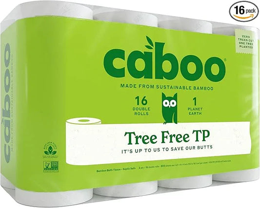 Caboo Tree Free Toilet Paper, Septic Safe Bath Tissue, Soft 2 Ply Sheets, 300 Sheets Per Roll, 16 Double Rolls - ModernBath
