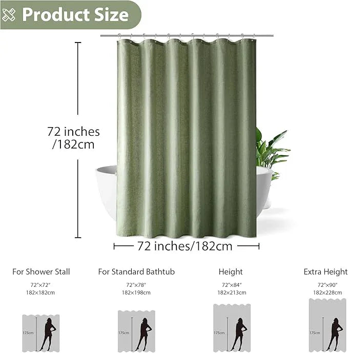 Jowels Sage Green Linen Shower Curtain, Boho Farmhouse Shower Curtain Set for Bathroom, 200GSM Luxury Weighted Water Resistant Fabric Textured Shower Curtains with 12 Metal Hooks, 72Wx72H - ModernBath