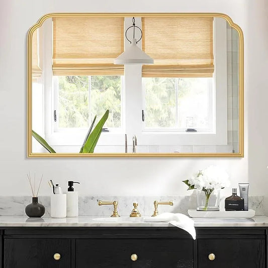 Ferytange 36X24 Inch Gold Bathroom Vanity Mirror for Over Sink, Modern Rounded Corner Fireplace Decor Mirror with Non-Rusting Iron Metal Framed - ModernBath