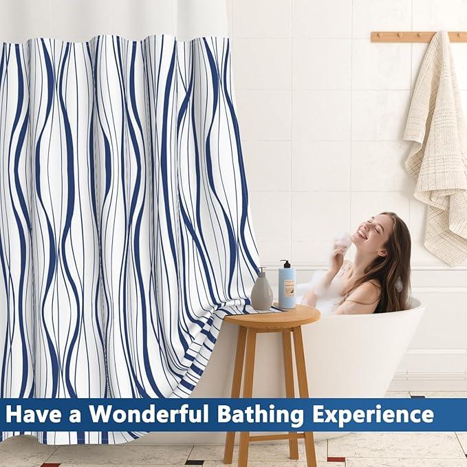 Abstract Blue Striped Shower Curtains for Bathroom, Waterproof Double Layers Fabric Printed No Hook Shower Curtain and Liner Set, Modern Geometric Hotel Luxury Decor Bathroom Curtain, 71x74 Inch - ModernBath