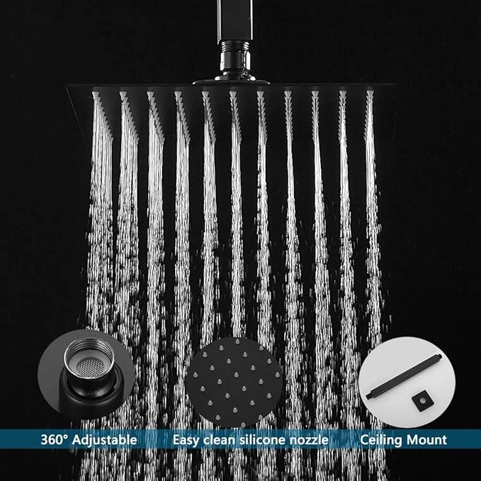 JingGang 10 Inch Ceiling Mounted Shower System Rain Mixer Shower Combo Set Rainfall Shower Head System Matte Black Shower Faucet Rough-in Valve Body and Trim Kit Included - ModernBath