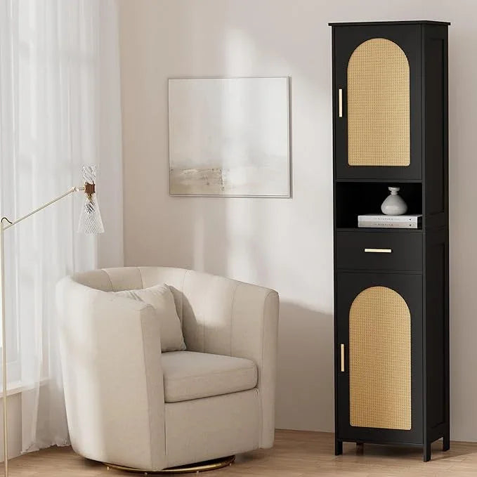 Homhedy 67"H Tall Bathroom Storage Cabinet with Rattan Decorated Door and Drawer, Narrow Storage Unit, Adjustable Shelves, Floor Cabinet for Bathroom, Living Room, Kitchen, Black and Natural, (15.7"W) - ModernBath