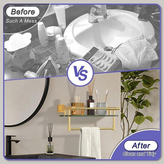 Bathroom Glass Shelf Brushed Gold Finish with Towel Rack, SUS304 Stainless Steel, 16-inch Tempered Glass Shelves for Wall - ModernBath