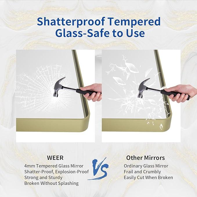 WEER Gold Bathroom Mirror, 72X36 Inch Brushed Gold Metal Frame Mirror, Rounded Rectangle Gold Bathroom Vanity Mirror for Wall, Tempered Glass, Anti-Rust, Hangs Horizontally or Vertically - ModernBath