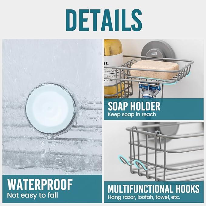 TAILI Shower Caddy Suction Cup 2 Pack with Hooks & Soap holder, Heavy Duty Shower Organizer for Bathroom, No Drilling Bathroom Organizer with Large Capacity, Metal Storage Basket-Grey - ModernBath