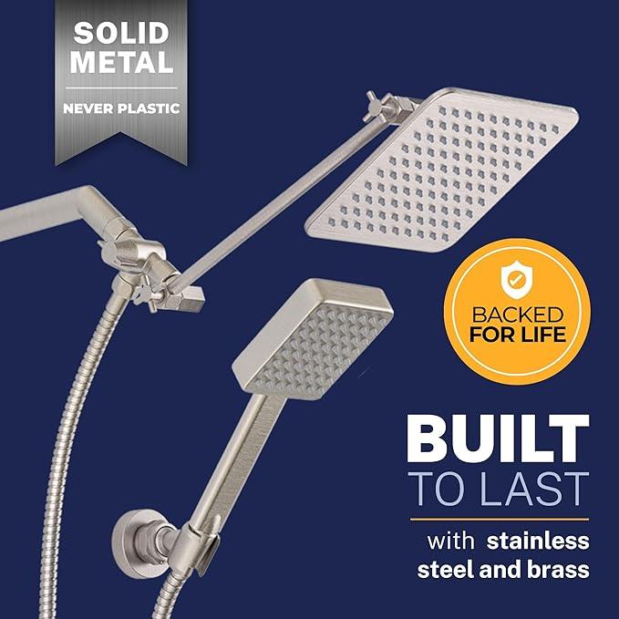 HammerHead® Solid Metal Dual Shower Head Combo — 8" Square Rain Shower Head with Handheld, 12" Adjustable Arm & Wall-Mount Holder for Flexible Installation — Brushed Nickel - ModernBath