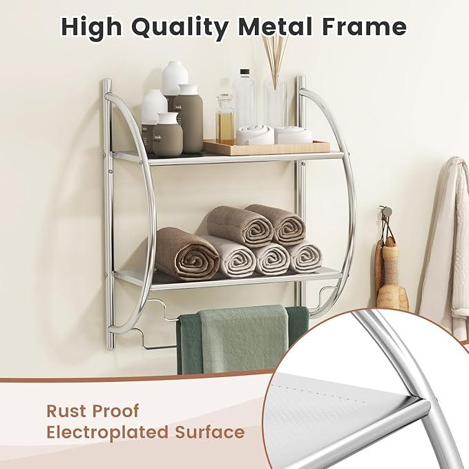 GOFLAME Wall Mounted Bathroom Shelf Set of 4, 2-Tier Chrome Towel Rack with Leaky Design Shelves, Towel Bars, Chrome Bathroom Shelf for Living Room Kitchen Bathroom, Silver - ModernBath