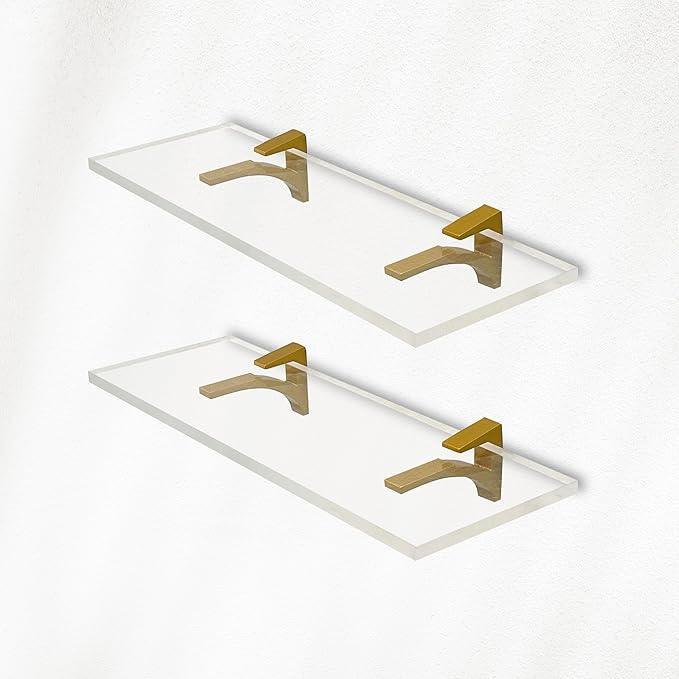 Clear Acrylic Shelves 14.5 inches, 3/4" Thick Transparent Wall Mounted Floating Shelves for Bedroom, Living Room, Bathroom, Kitchen -‎ with Screws and Brass Finish Brackets, Pack of 2 - ModernBath