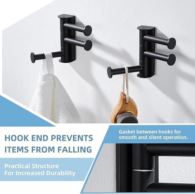 Angle Simple Swivel Towel Hook Matte Black 2 Pack, SUS 304 Stainless Steel Coat Robe Hook for Bathroom - ModernBath