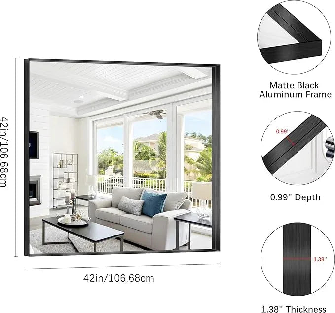 Black Bathroom Mirror, 42x42 Inch Rectangular Framed Mirror, Large Wall Mounted Bathroom Vanity Mirror Over Sink for Bedroom,Restroom, Living Room, Hangs Vertically or Horizontally - ModernBath