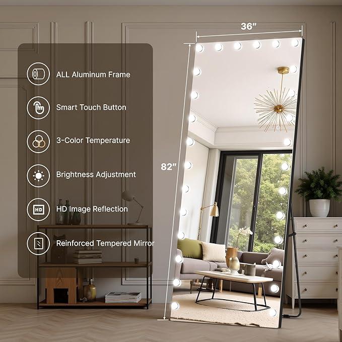 Kosmonia 82x36 Hollywood Full Length Mirror with Light, 28 Dimmable Bulbs & 3 Color Smart Touch Control, Distortion Free, Tempered Glass & Shatter Proof Film, Safe Full Body Mirrors with Stand - ModernBath