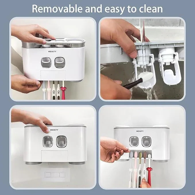 Toothbrush Holder Wall Mounted, WEKITY Multi-Functional Toothbrush and Toothpaste Dispenser for Bathroom, with 5 Toothbrush Slots, 2 Toothpaste Squeezers and 4 Cups(Blue) - ModernBath