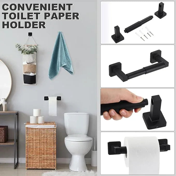 Gisafai Bathroom Hardware Set, Towel Bar Set Stainless Steel Wall Mounted, 23.6/16 Inches Hand Towel Bar, Ring, Robe Hooks, Toilet Paper Holder, Bathroom Rack (Matte Black,15 Pcs) - ModernBath